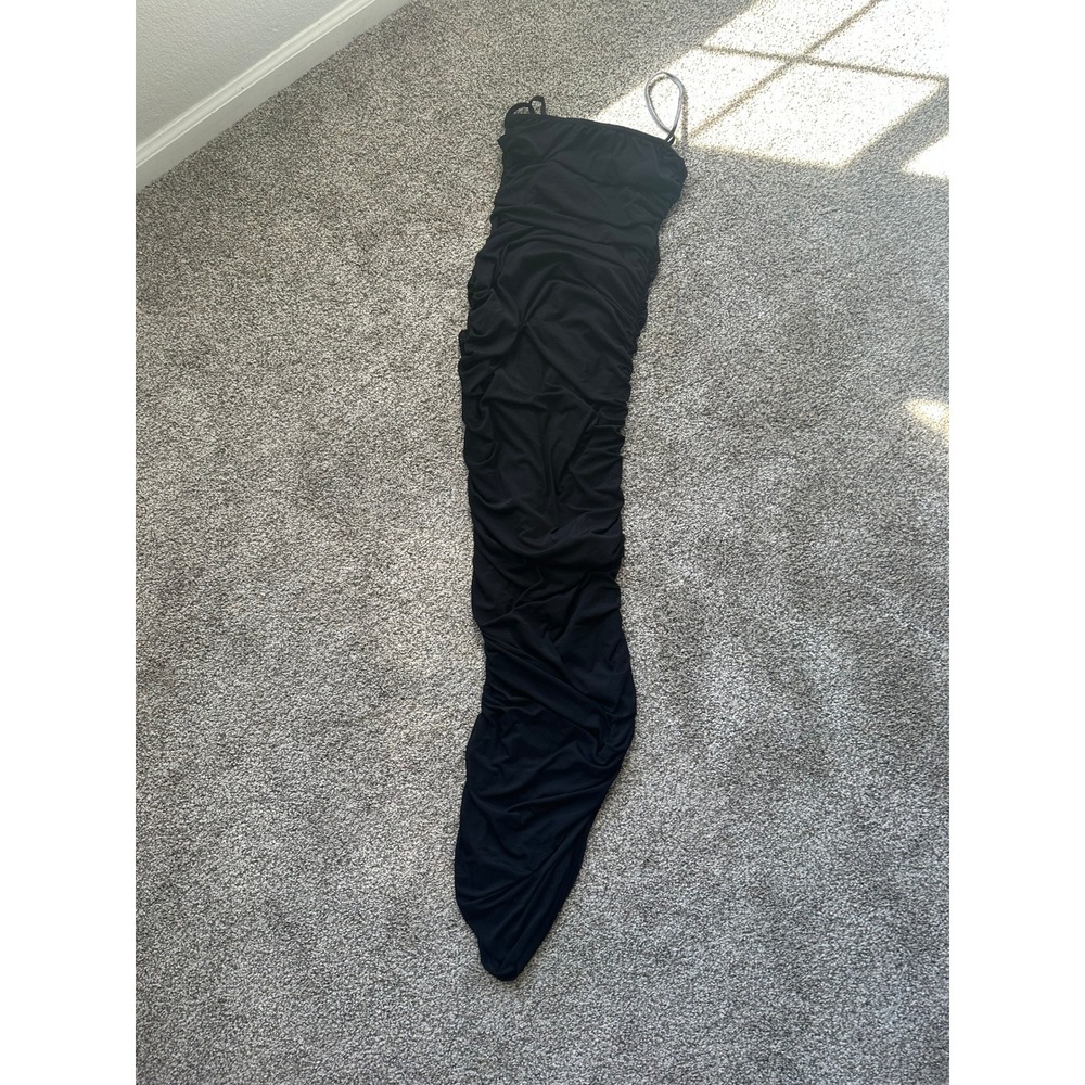PrettyLittleThing Black Ruched Mesh Midi DresS Strap Size 10
